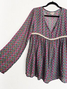 Natural Life Colorful Boho Teal Pink Crochet Babydoll Top, L/XL